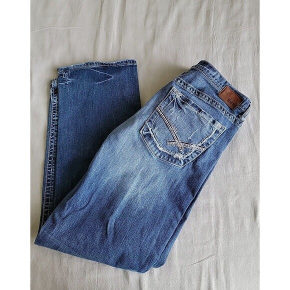 BKE Seth Mens Jeans 37x31.5 Distressed Destroyed Embroidered Blue Denim Mid Rise - Picture 1 of 16